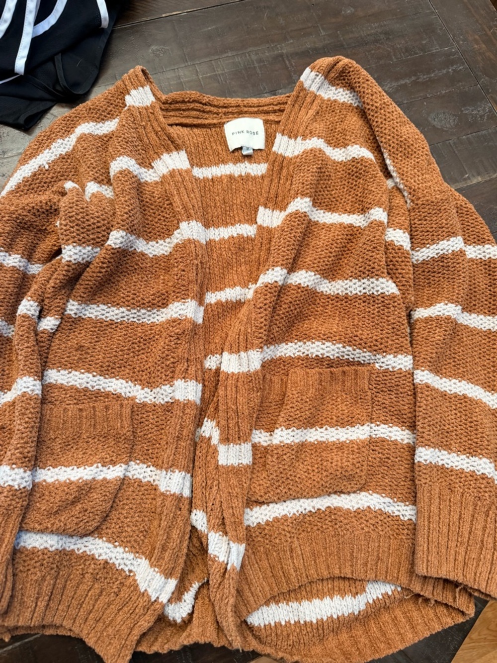 Pink Rose Rust and White Striped Chunky Knit Cardigan